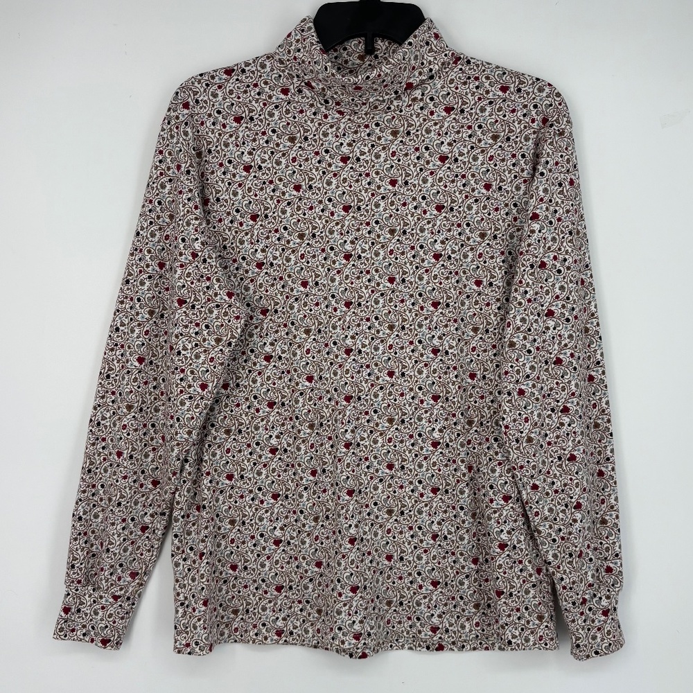 Bobbie Brooks Womens Large Turtleneck Top Red Blue Taupe Floral Print Vintage US
